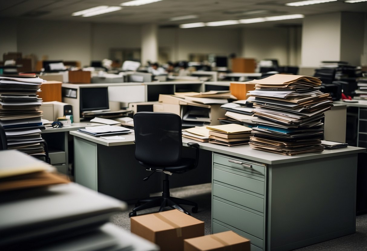 A cluttered office space with stacks of used furniture in Singapore. Desks, chairs, and file cabinets are piled up, waiting to be sold or repurposed