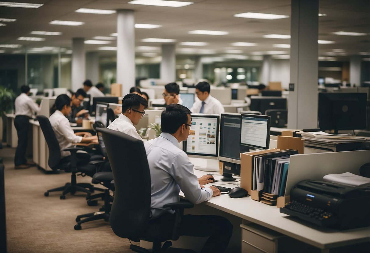 A busy office with employees browsing through a variety of used furniture, while a sign reads "Frequently Asked Questions" in Singapore