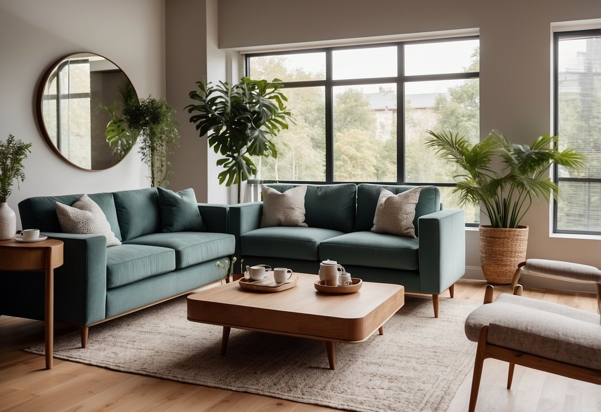 A modern living room with Castlery furniture, featuring a sleek sofa, a minimalist coffee table, and a stylish armchair. The room is bathed in natural light from large windows, creating a cozy and inviting atmosphere
