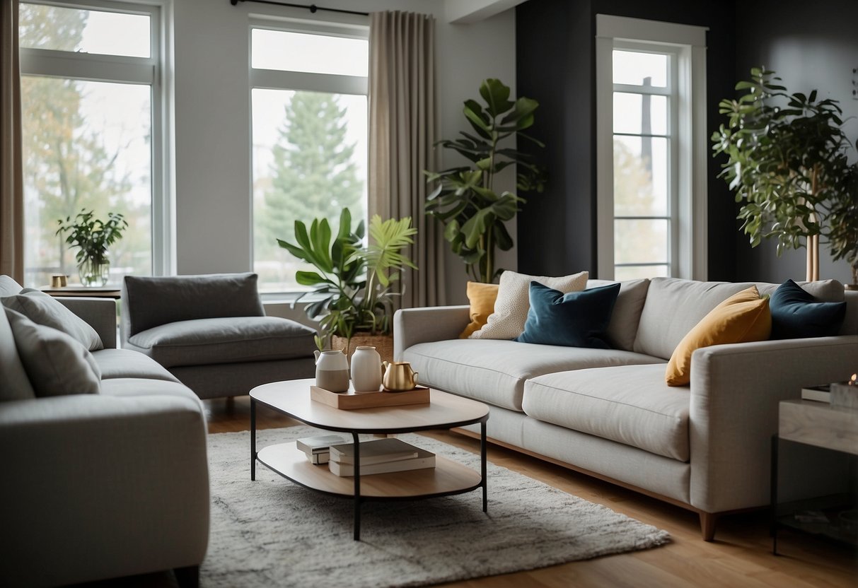 A cozy living room with modern furniture from Castlery. A customer browsing through stylish sofas and coffee tables, enjoying the seamless shopping experience