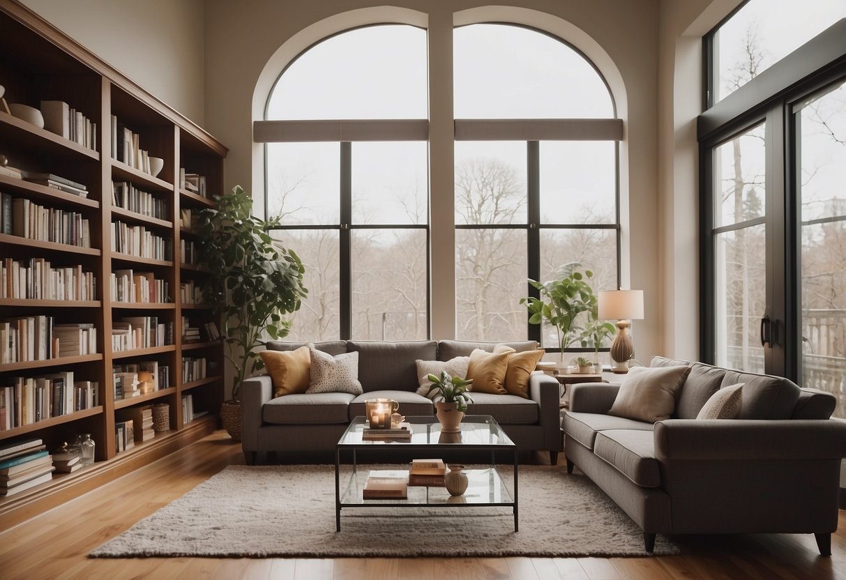 A cozy living room with a plush sofa, a coffee table, and a bookshelf filled with books and decorative items. A soft rug covers the floor, and a large window lets in natural light