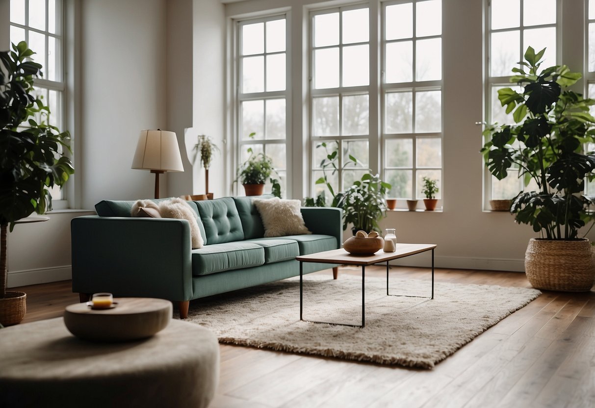 A person arranging a sofa, coffee table, and armchair in a spacious living room with large windows and a cozy rug