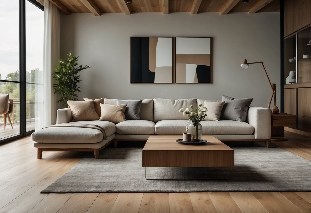 A modern living room with sleek furniture, featuring clean lines, neutral colors, and natural materials like wood and leather