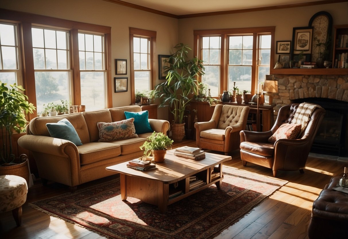 A cozy living room with vintage furniture, colorful rugs, and eclectic decor. Sunlight streams in through the windows, casting warm shadows on the unique collection of Second Charm furniture