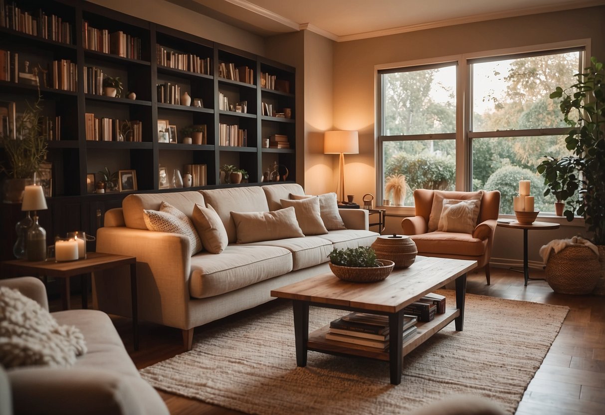 A cozy living room with a comfortable sofa, a coffee table, and a bookshelf. Soft lighting and warm colors create a welcoming atmosphere