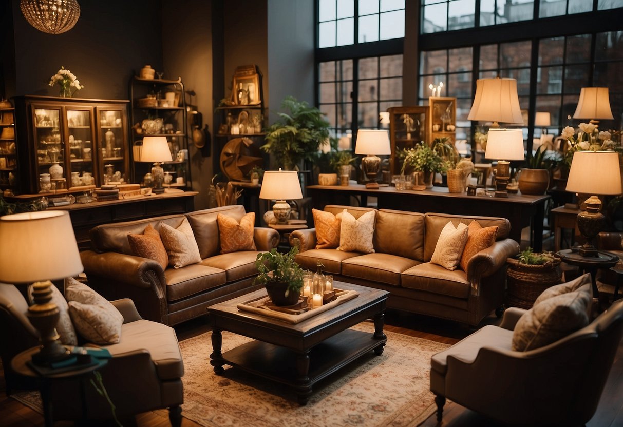 A cozy furniture shop with vintage decor and unique treasures. Warm lighting and inviting displays showcase the second charm furniture collection