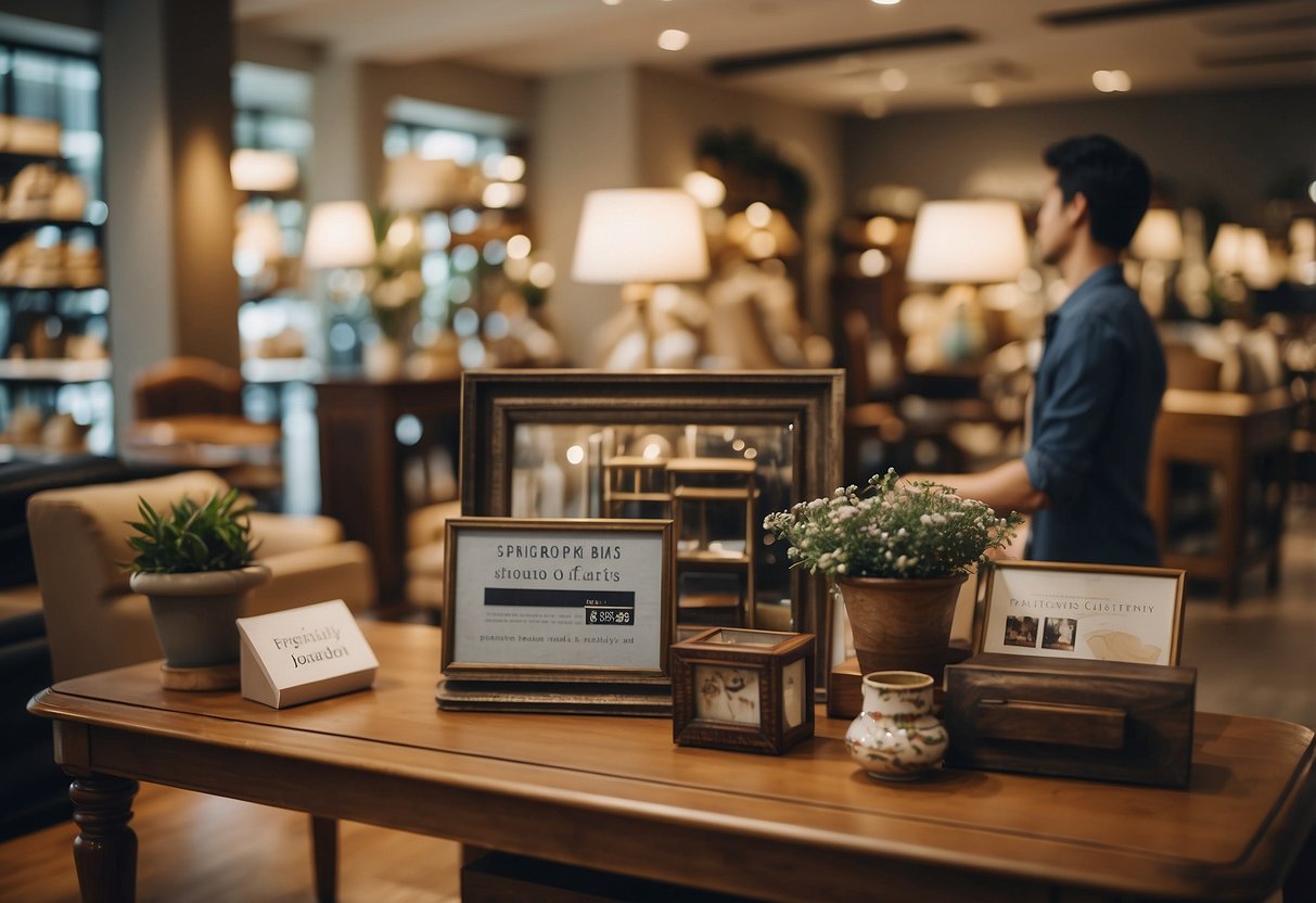 A customer browsing through a variety of charming furniture pieces at a store in Singapore, with a sign reading "Frequently Asked Questions" displayed prominently
