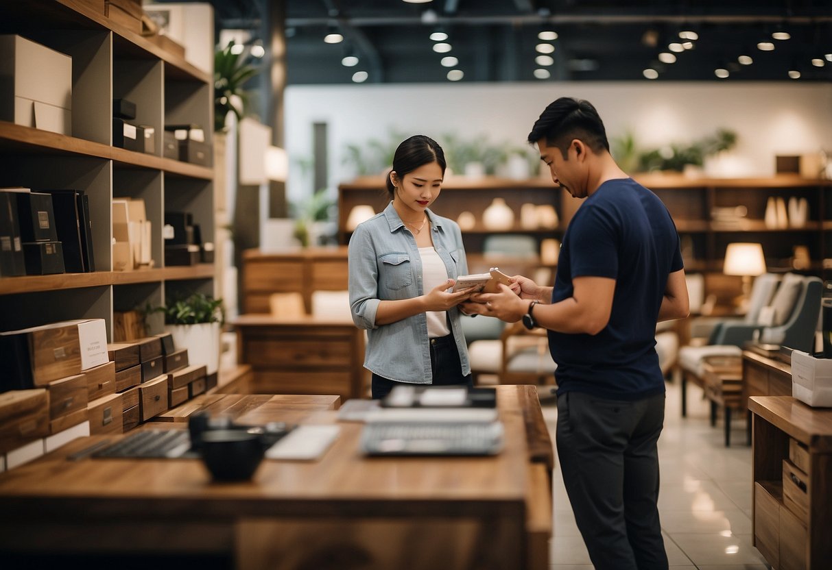 A customer browses through a wide selection of furniture at Tampines Furniture Shop, while a staff member assists with product information and services