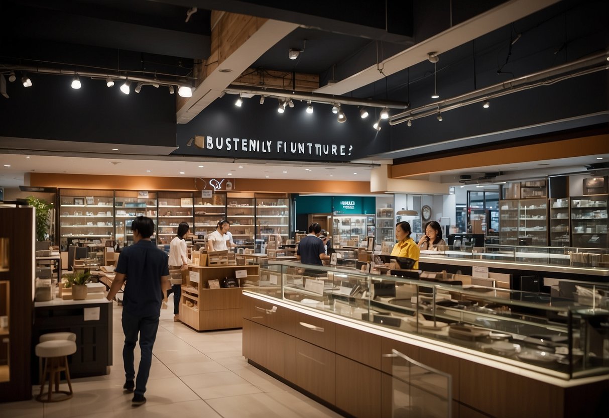 The bustling interior of Tampines furniture shop, with customers browsing and staff assisting. Shelves are stocked with various home decor items, and a large sign displays "Frequently Asked Questions" above a help desk