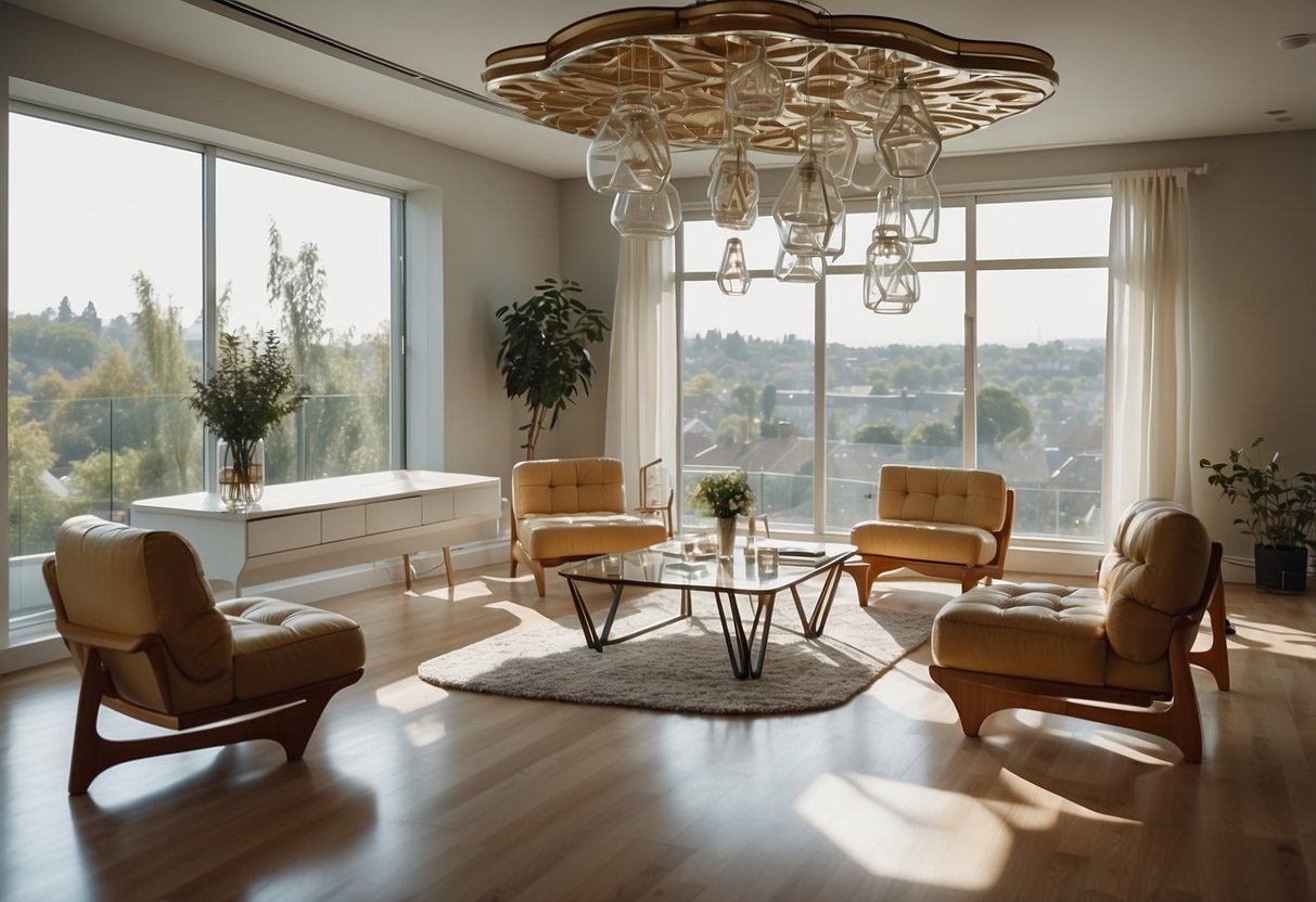 A living room with floating chairs and tables, suspended in mid-air. The furniture appears weightless, creating a surreal and whimsical atmosphere