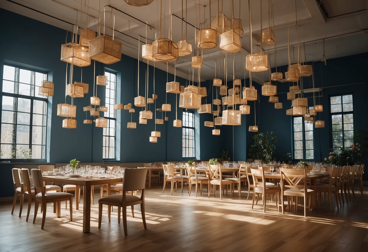 A room filled with floating chairs and tables, suspended in mid-air, creating a surreal and whimsical atmosphere
