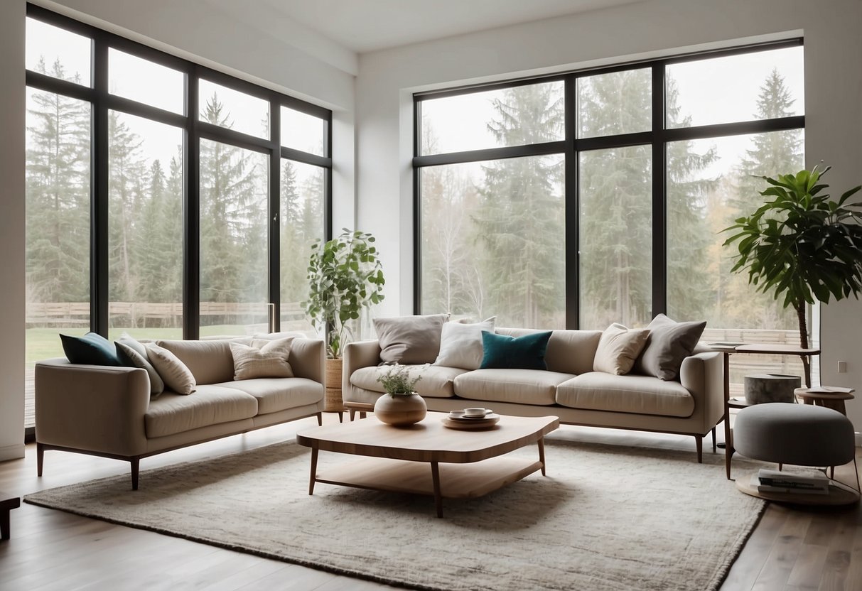 A bright, modern living room with sleek, minimalist furniture arranged in a spacious layout. A large window lets in natural light, and a stylish rug anchors the room