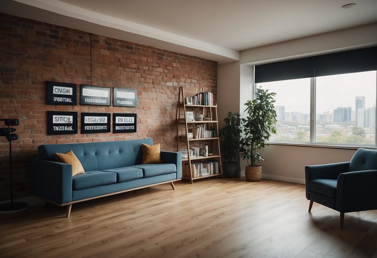 A room with floating furniture and a large "Frequently Asked Questions" sign above