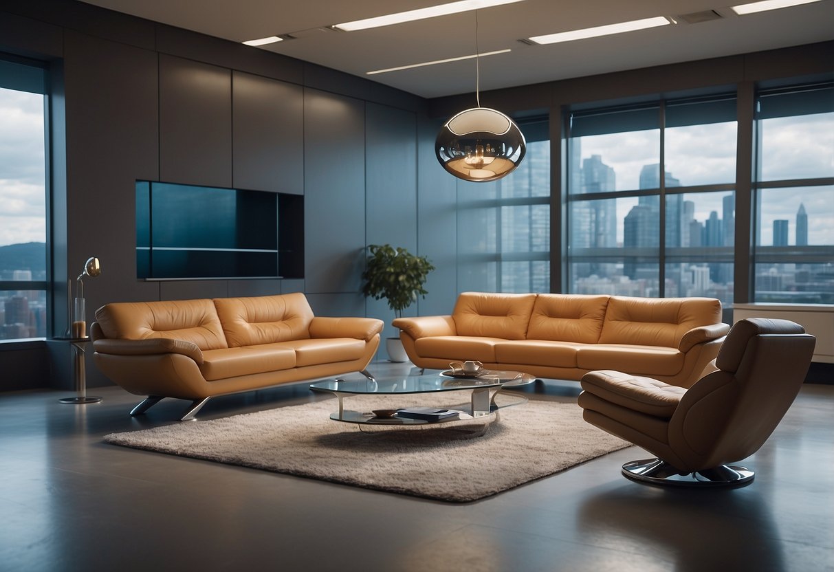 Furniture floats weightlessly in a spacious, futuristic room. Objects hover effortlessly, casting soft shadows in the zero gravity environment