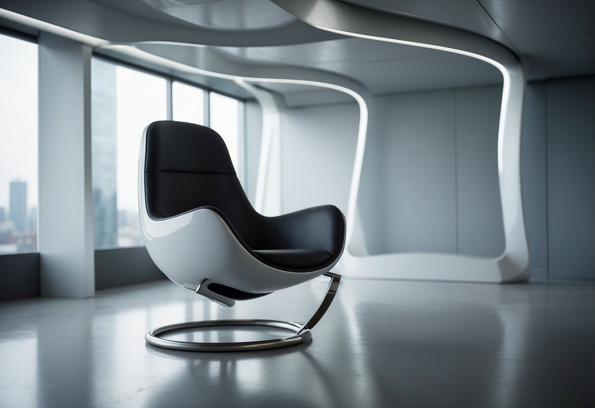 A floating chair hovers in a sleek, futuristic room. The chair's design suggests weightlessness and comfort, with smooth, curved lines and a minimalist aesthetic