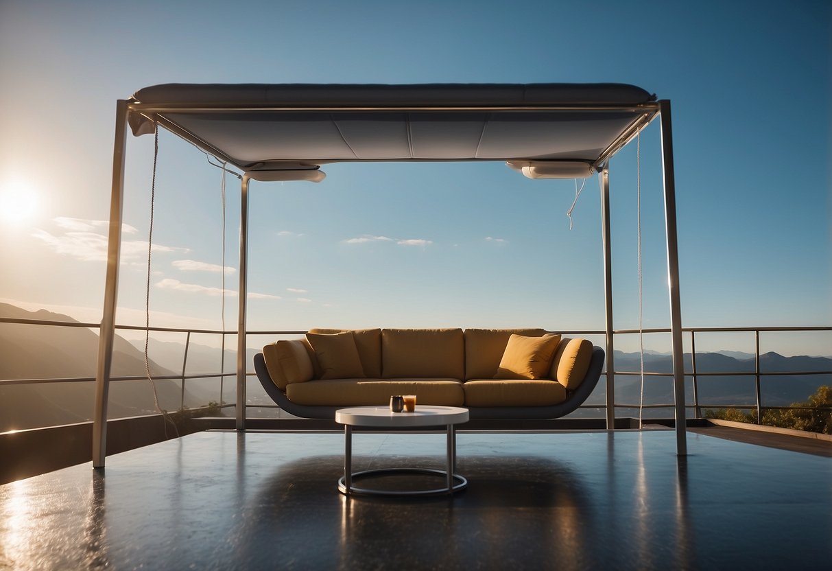 A floating sofa, chair, and table in a weightless environment. Items are suspended mid-air with no visible support