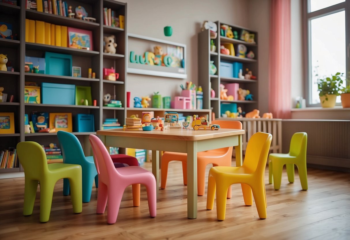 Colorful children's furniture arranged in a playful and inviting manner. Small chairs, tables, and bookshelves fill the space, creating a cozy and cheerful atmosphere