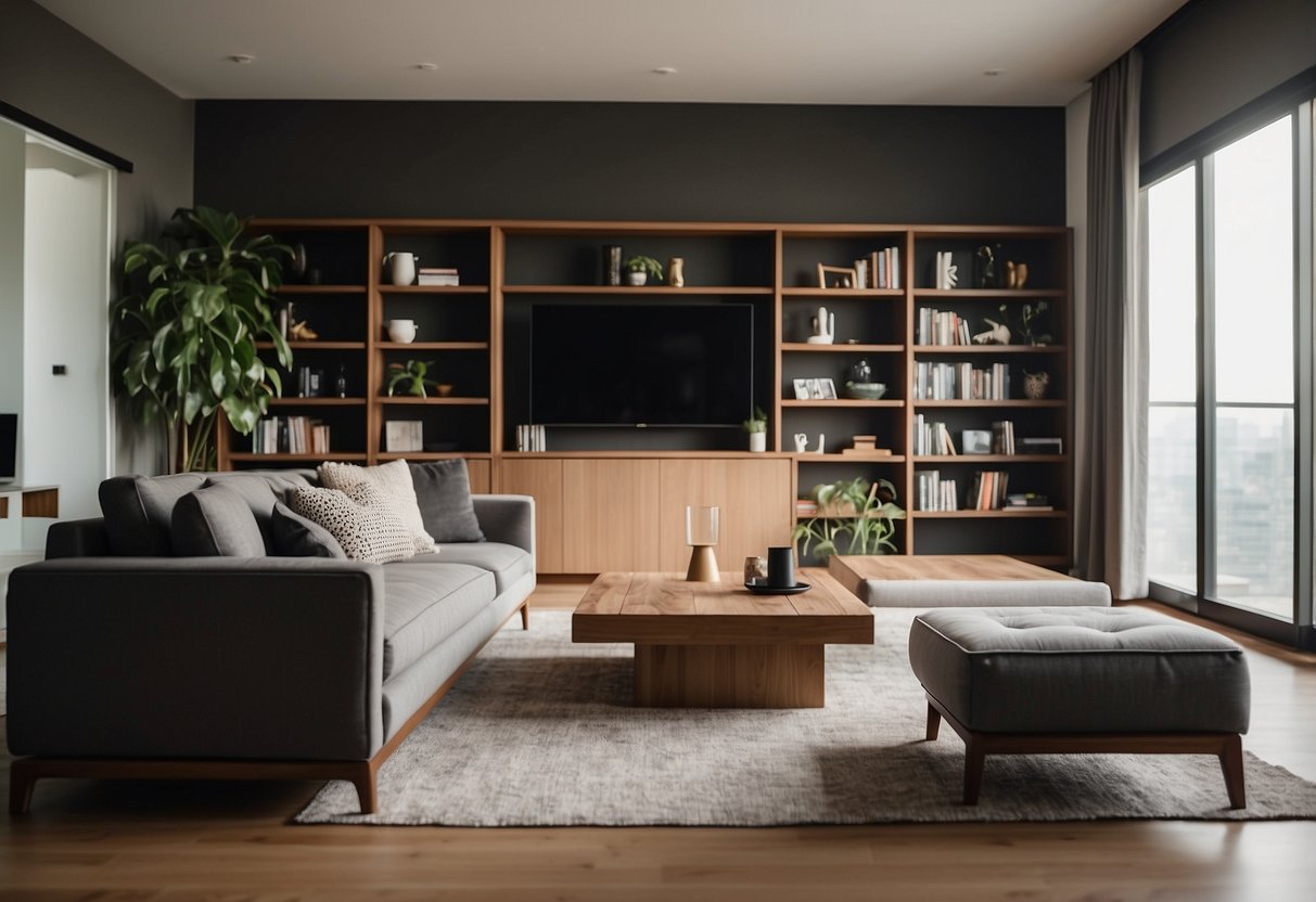 A cozy living room with a modern sofa, a wooden coffee table, and a stylish bookshelf from Widjaja Furniture