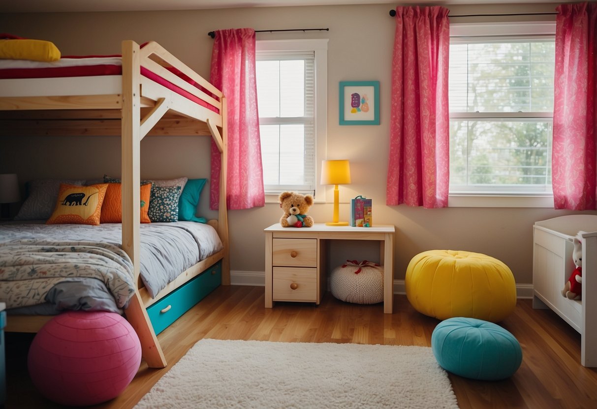 A colorful child's bedroom with a bunk bed, toy chest, and playful wall decals. Bright curtains let in natural light, while a cozy reading nook invites young imaginations