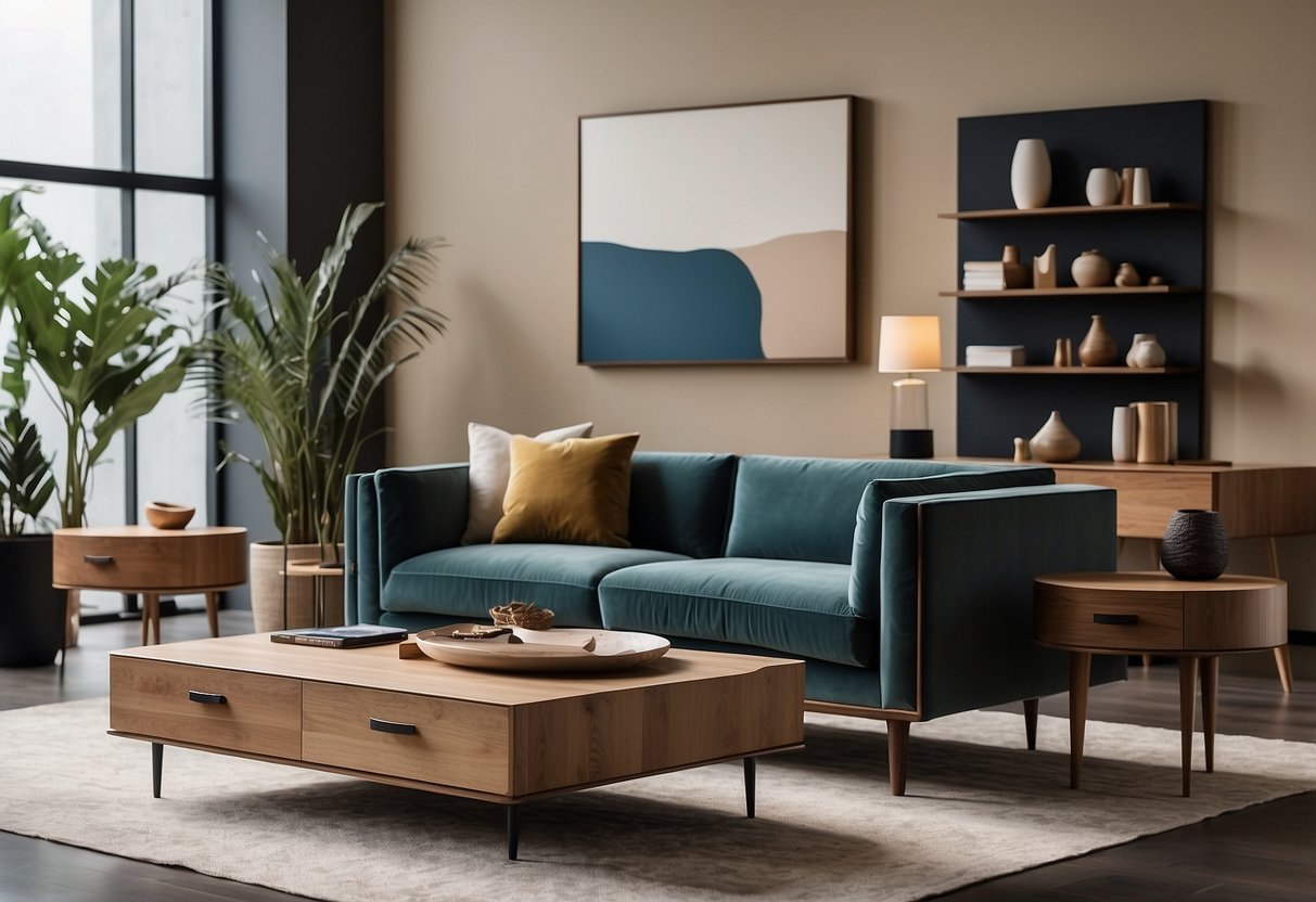 A showroom filled with modern furniture pieces, arranged in stylish settings. Clean lines, natural materials, and a minimalist aesthetic define the Widjaja Furniture Collections