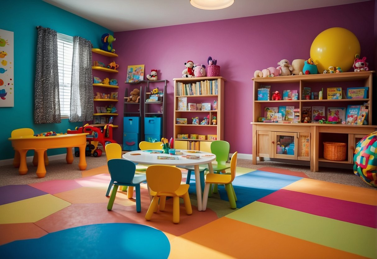 A colorful playroom with a variety of children's furniture, including small chairs, tables, and bookshelves. Bright, playful decor and toys scattered around the room