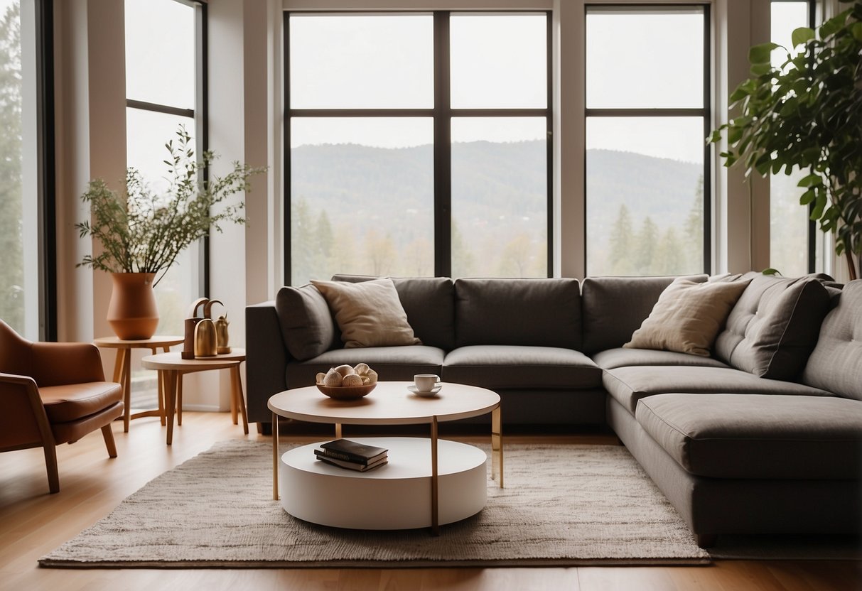 A cozy living room with a sleek Widjaja Furniture sofa, a modern coffee table, and a soft rug, bathed in warm natural light from large windows