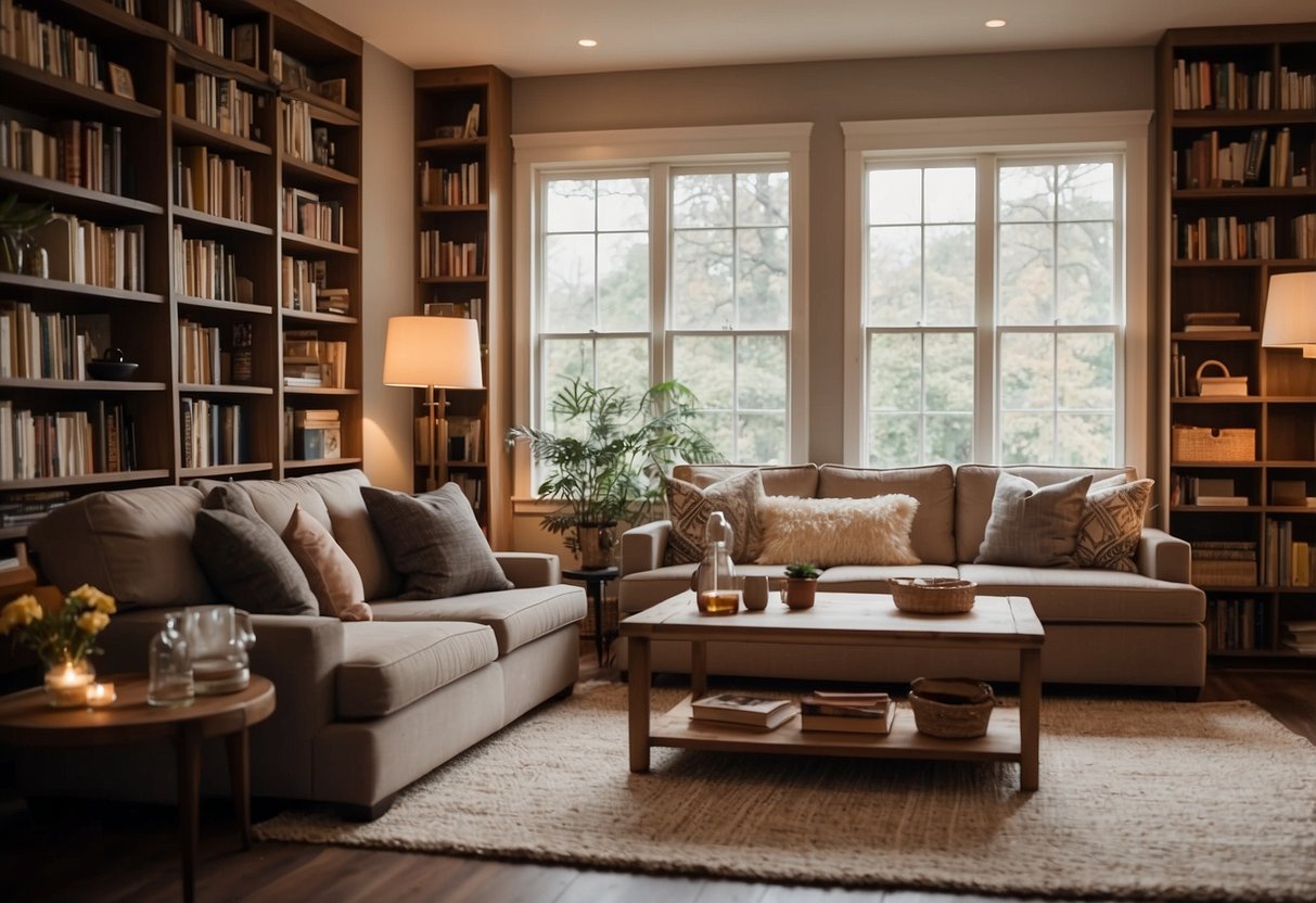 A cozy living room with a large couch, coffee table, and bookshelf. A soft rug covers the floor, and a warm lamp illuminates the space
