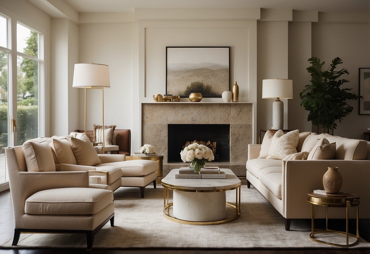 A modern living room with Aerin furniture, featuring a sleek sofa, elegant coffee table, and stylish armchair. The room is filled with natural light and adorned with tasteful decor
