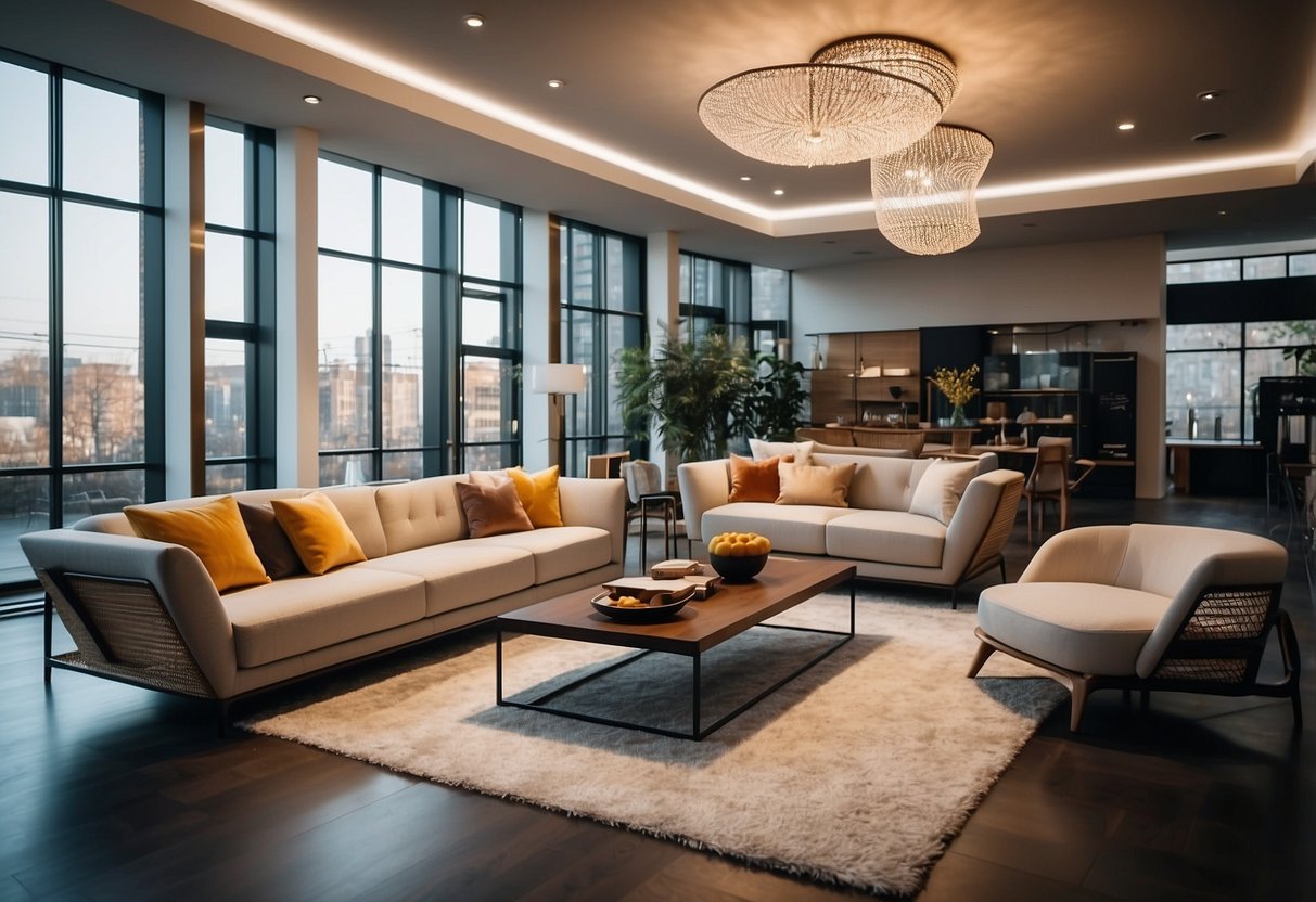 A spacious showroom with modern furniture displays, clean lines, and vibrant colors. Light floods in through large windows, casting a warm glow on the sleek designs
