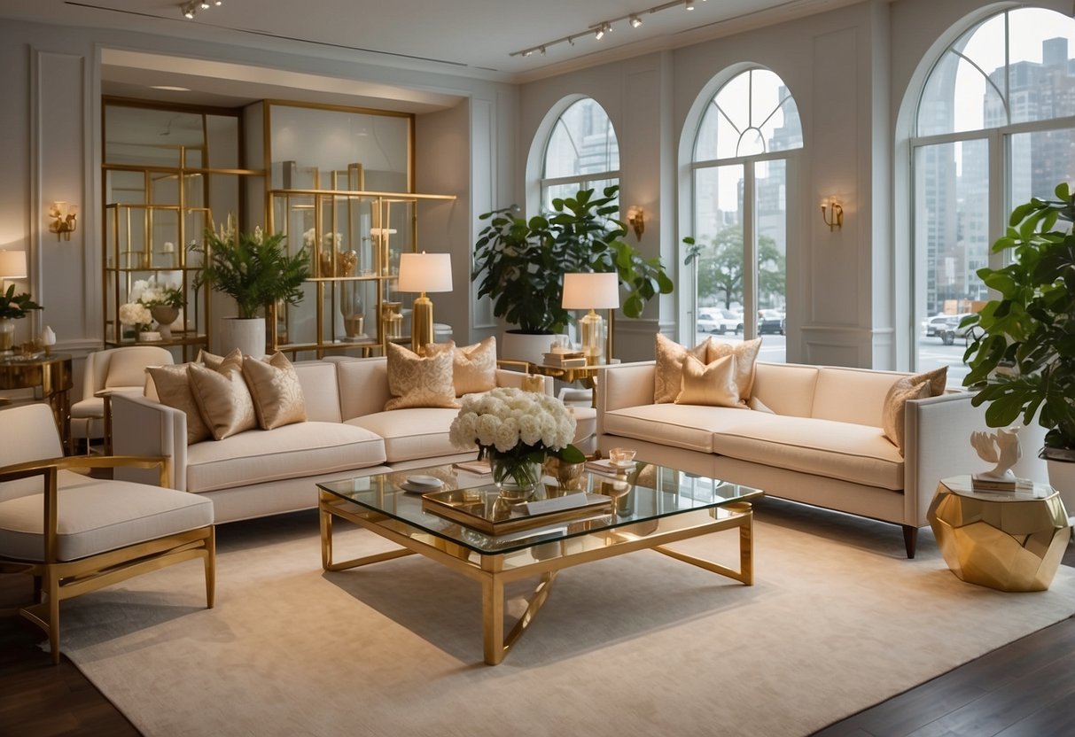 Aerin furniture collections displayed in a spacious, well-lit showroom with modern and elegant designs showcased on sleek, minimalist display shelves and tables