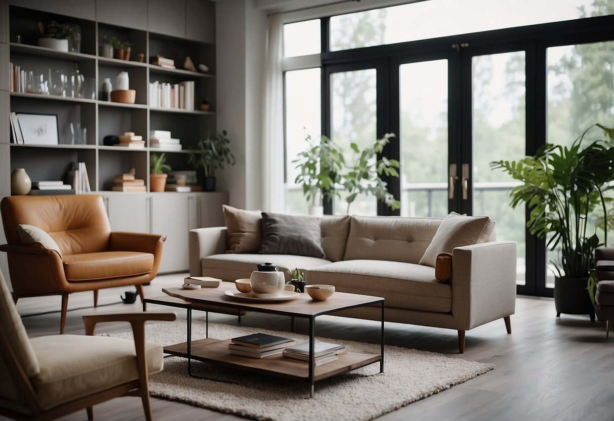 A modern living room with a variety of furniture items including a sofa, coffee table, bookshelf, and armchair arranged in a stylish and functional manner