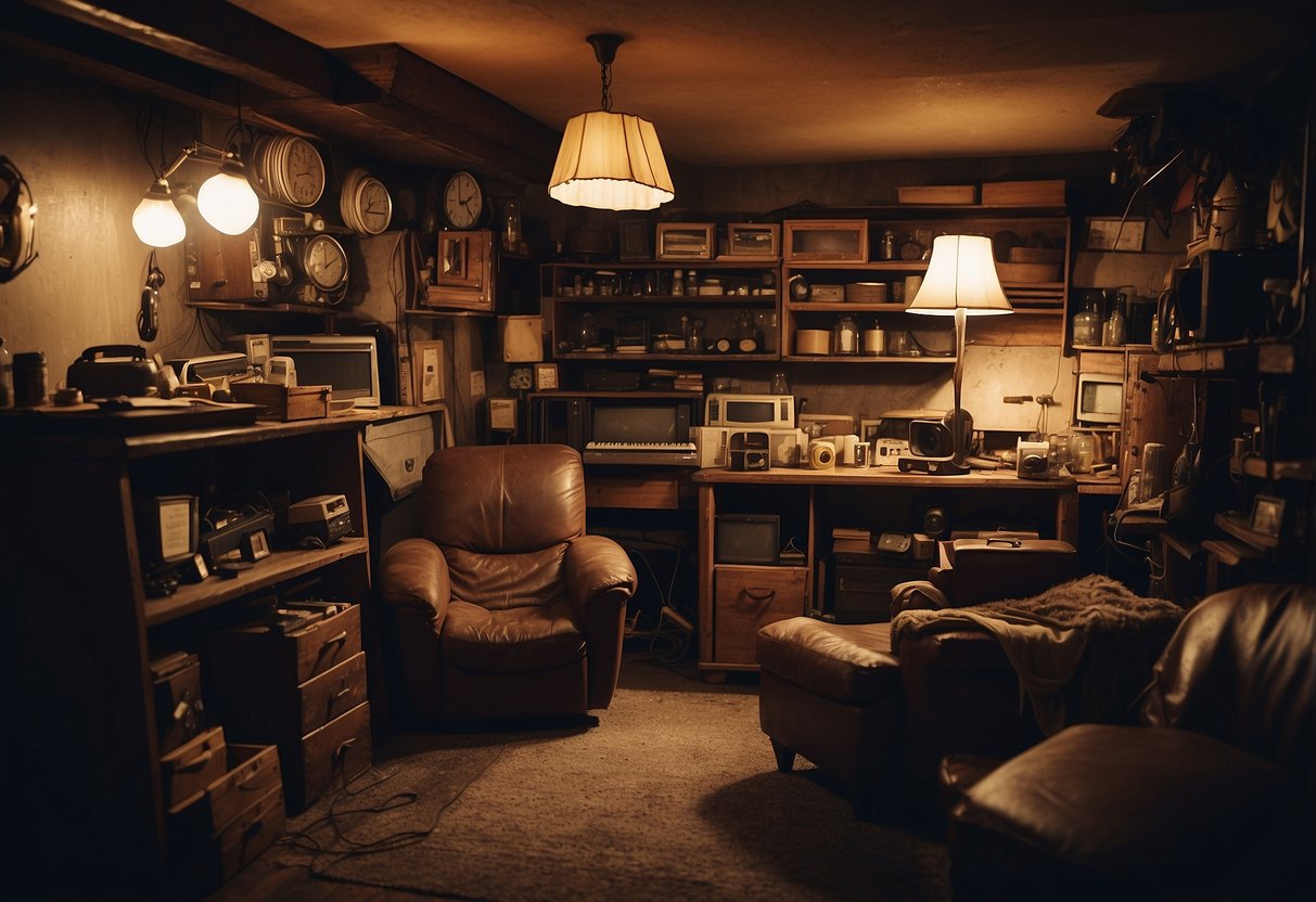 A cluttered basement with old furniture and dim lighting