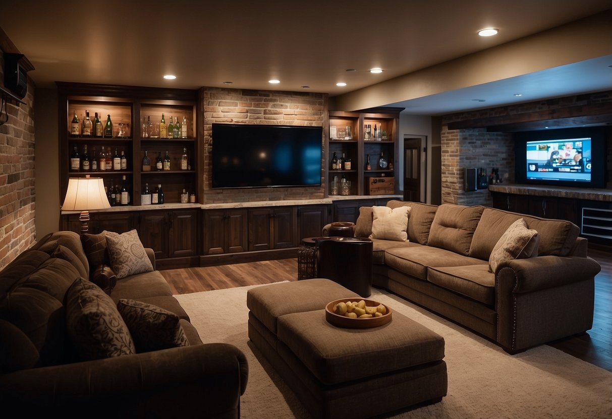 A spacious basement with a cozy seating area, a large entertainment center, and a game table surrounded by comfortable chairs. Shelves and storage units line the walls, and a bar area is tucked into a corner