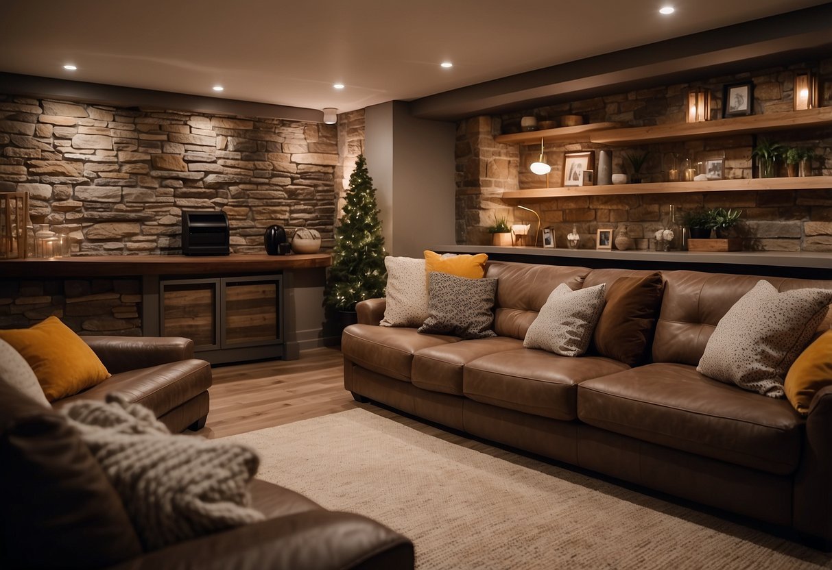 A cozy basement with sturdy, comfortable furniture in neutral colors. Materials include leather, wood, and plush fabrics. Lighting is warm and inviting