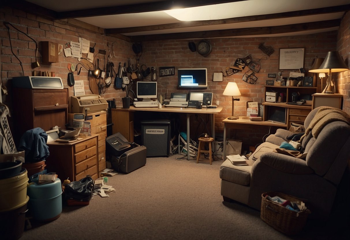 A cluttered basement with mismatched furniture and scattered objects. A sign reads "Frequently Asked Questions" on the wall