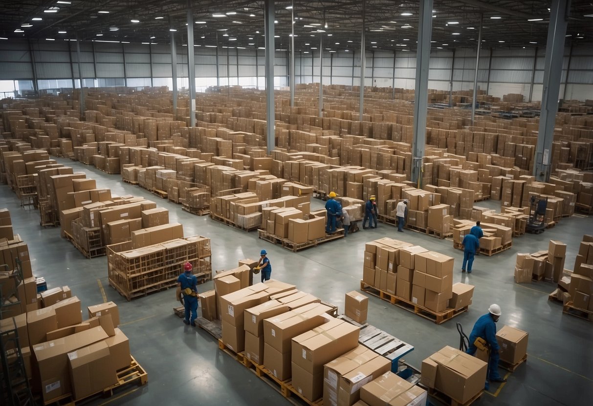 A sprawling warehouse with towering shelves of furniture, bustling with workers and automated machinery, showcasing the scale of the world's largest furniture company