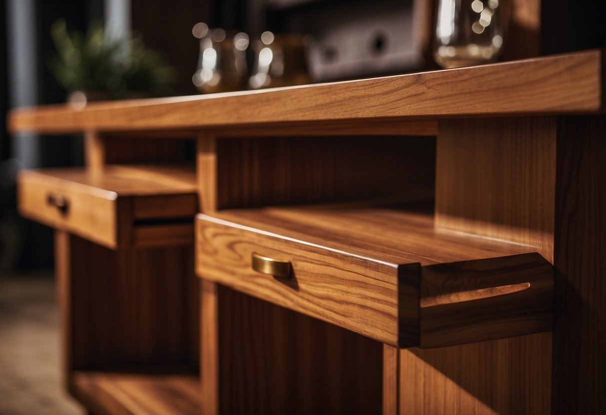 The wood furniture gleams with rich, warm colors, from deep mahogany to golden oak, creating a cozy and inviting atmosphere
