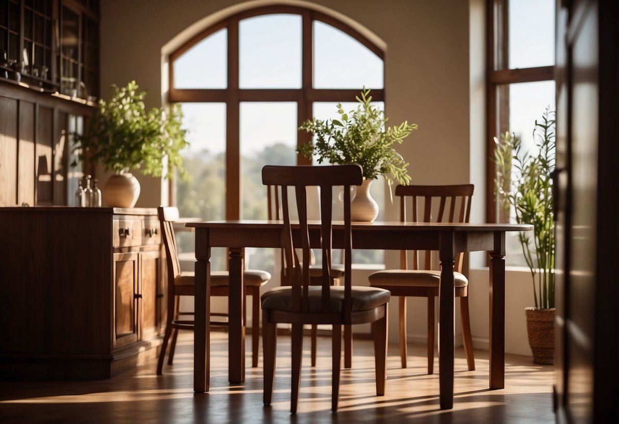 A table, chair, and cabinet in various shades of brown, from light oak to dark mahogany, arranged in a well-lit room with natural sunlight streaming in