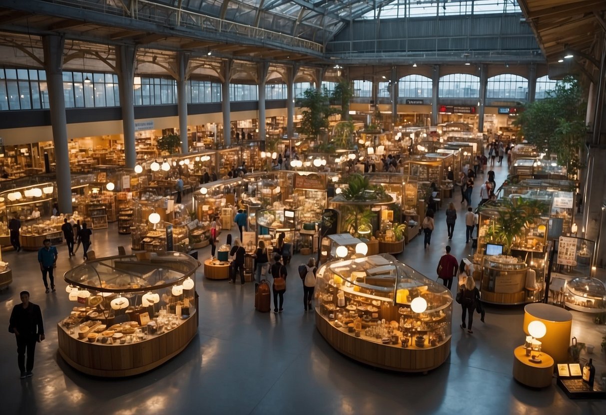 A bustling global marketplace with diverse furniture styles from around the world, showcasing the company's expansive reach and influence in the industry