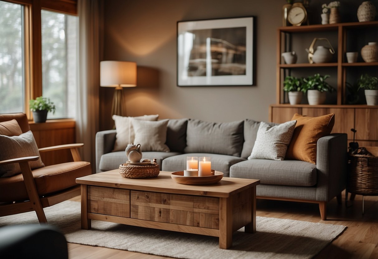 A cozy living room with warm wood furniture in rich, natural colors, complementing the decor with a sense of warmth and elegance