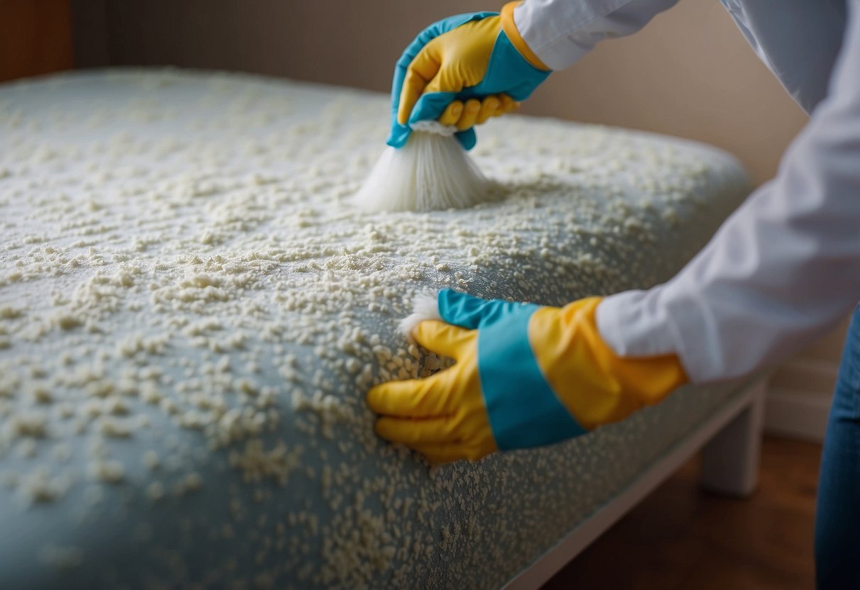 White mold covers furniture. A person cleans and prevents it