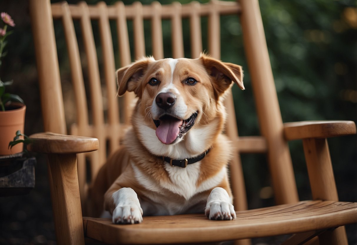A dog sits by a wooden chair, its tongue lapping at the armrest. A spray bottle and chew toy sit nearby, offering alternatives to the furniture