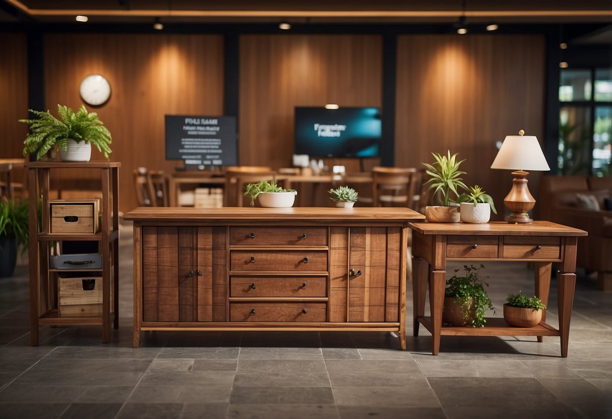 A display of wood furniture in various colors with a sign reading "Frequently Asked Questions" above