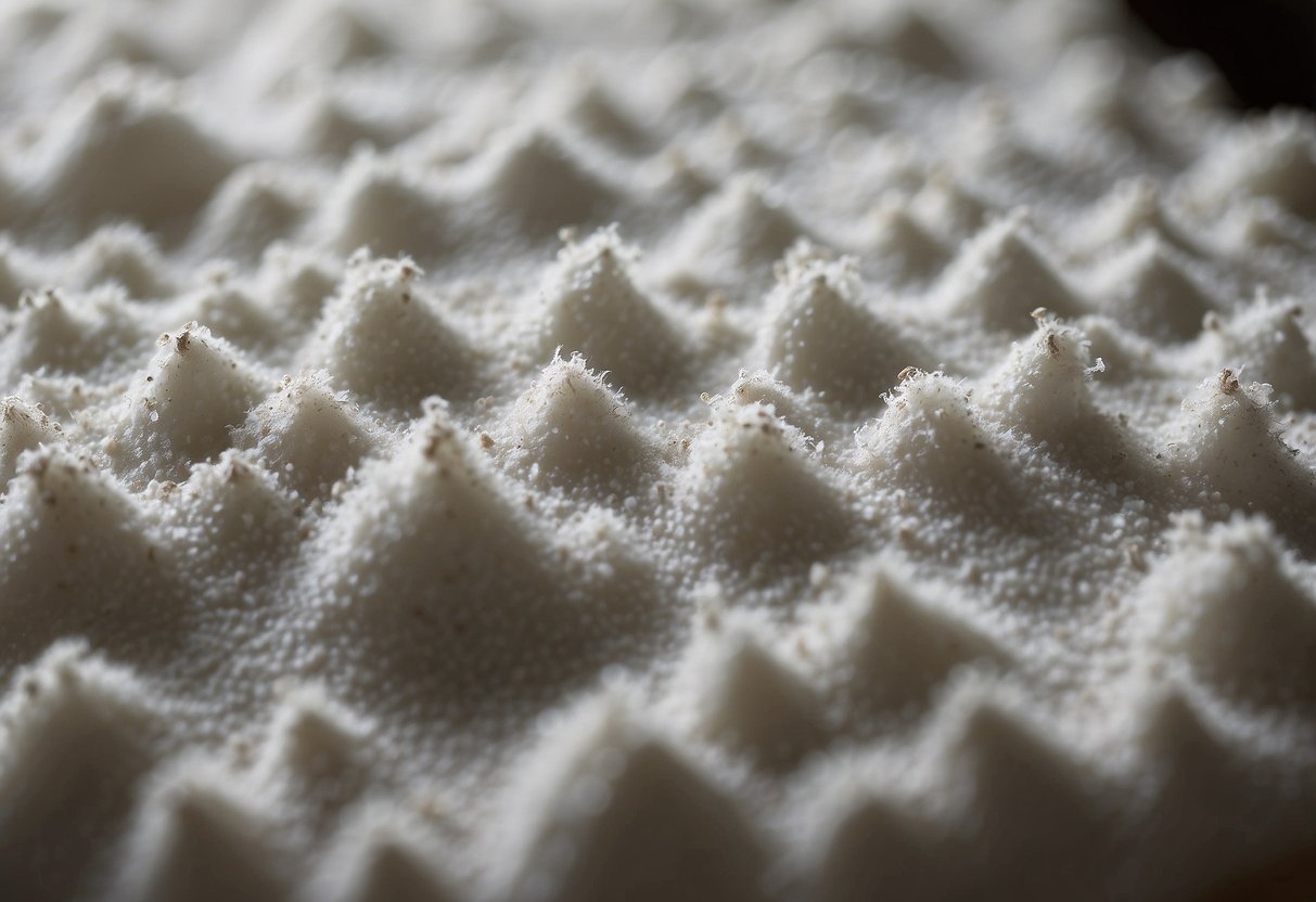 White mold covers furniture, creating a fuzzy, powdery layer. It appears in patches, spreading across the surface