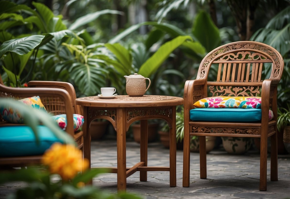 A wooden chair and table set with intricate carvings, adorned with colorful cushions and placed in a lush tropical garden setting