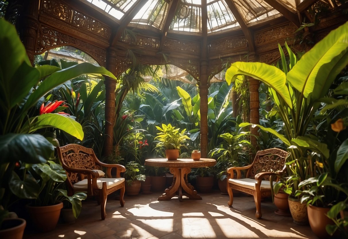 A lush jungle setting with intricately carved wooden furniture scattered among vibrant tropical plants and colorful flowers. The sun filters through the canopy, casting dappled light on the unique pieces
