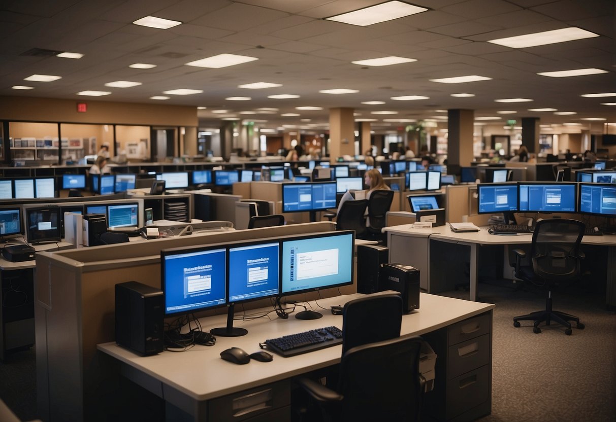 A bustling customer service center with people on headsets, surrounded by towering shelves of furniture catalogs and computer screens