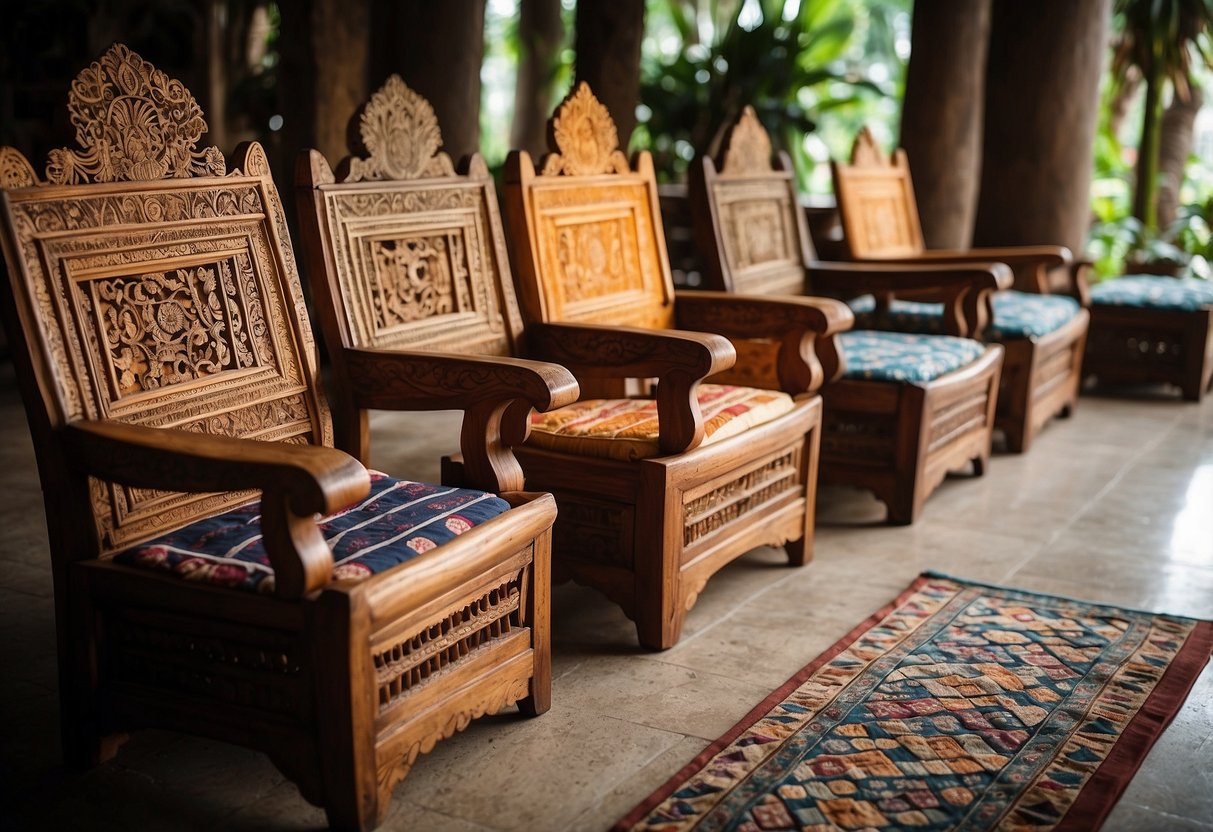A room filled with various Bali furniture pieces, including intricately carved wooden chairs, ornate teak tables, and colorful batik cushions