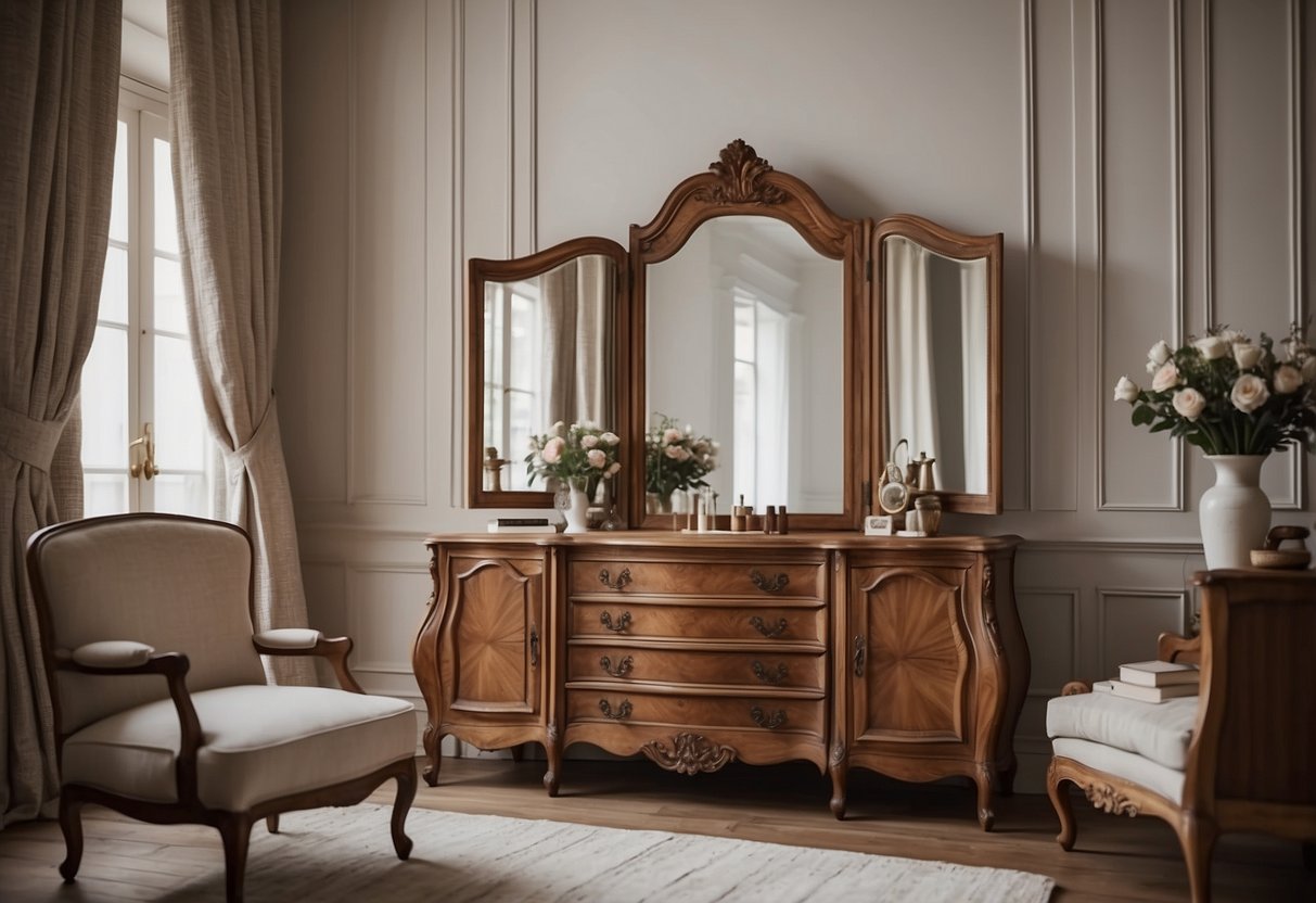 A cozy bedroom with French provincial furniture, including a carved wooden bed, a decorative armoire, and a vintage vanity with a matching mirror