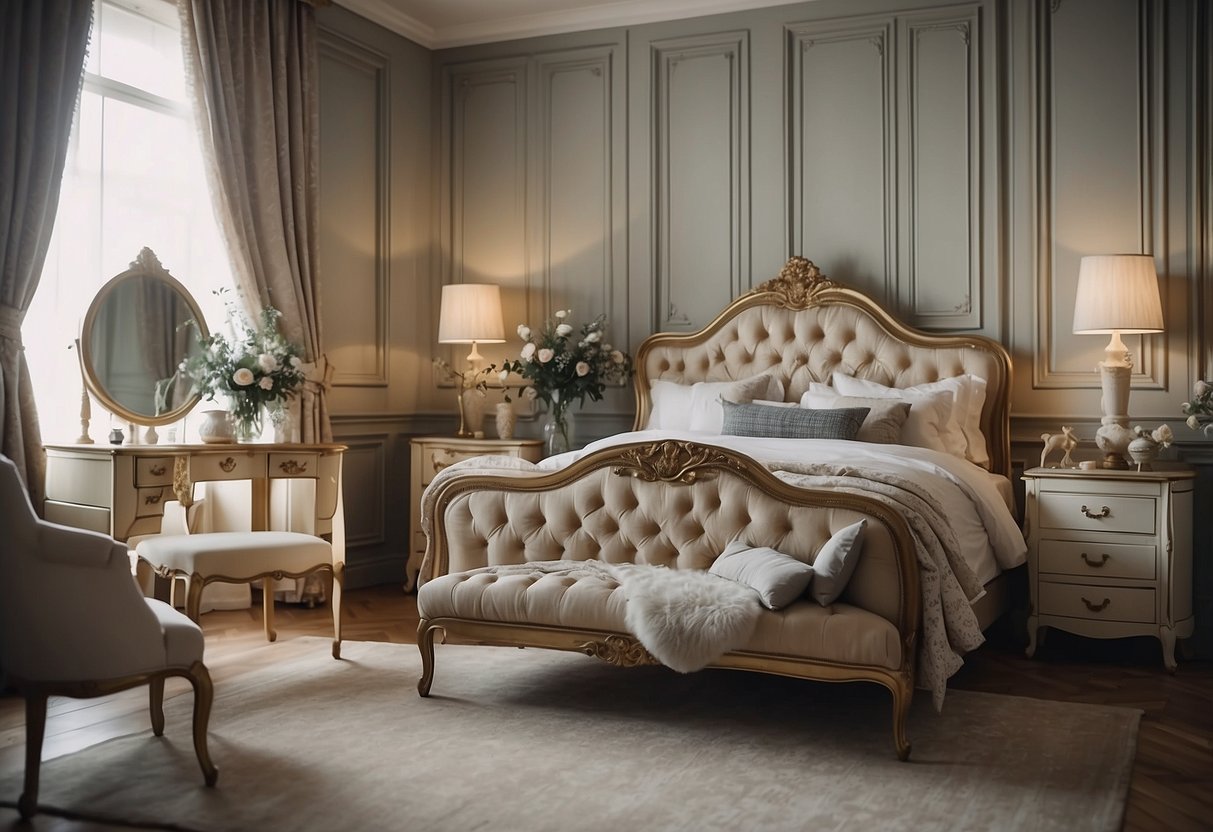 A cozy bedroom with ornate, vintage French Provincial furniture, including a carved bed frame, elegant nightstands, and a charming vanity